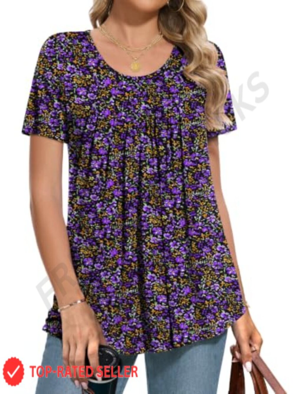Womens Summer Tunic Top Short Sleeve Scoop Neck Flowy Blouse